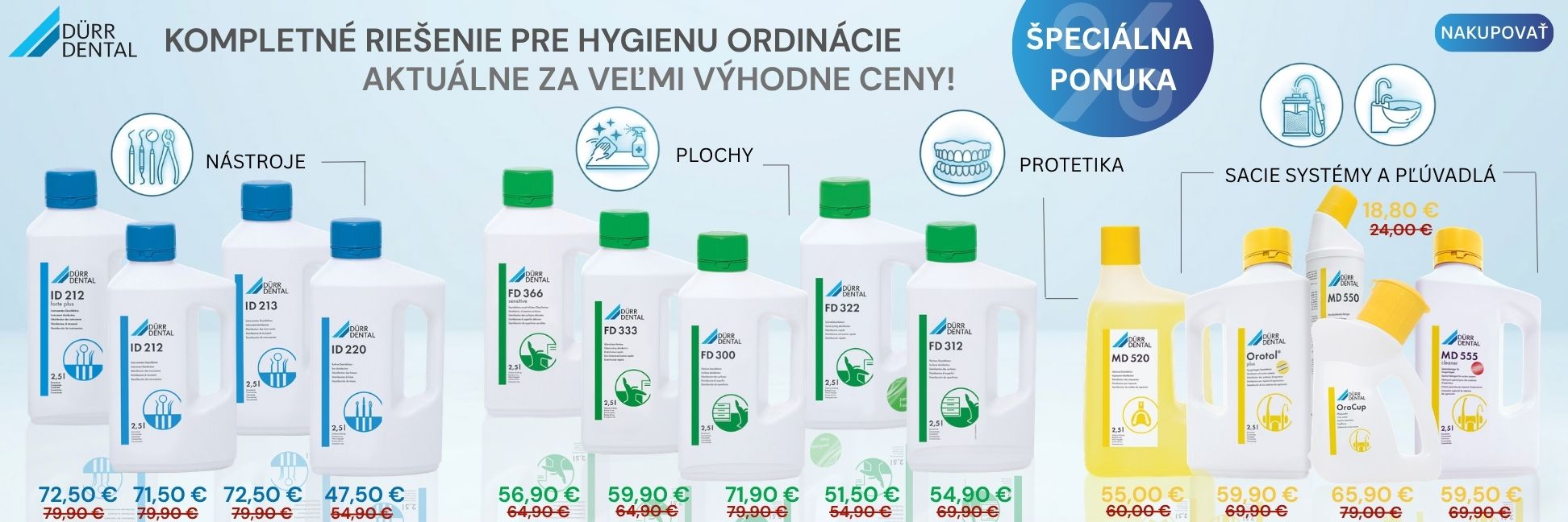 Dezinfekčné roztoky Orotol, FD a ID rady od Dürr Dental so zľavou.