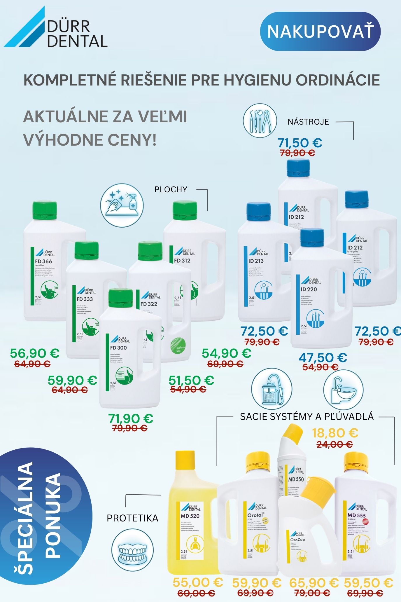 Dezinfekčné roztoky Orotol, FD a ID rady od Dürr Dental so zľavou.