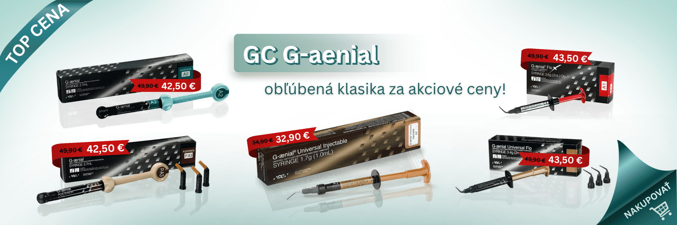 Akciová ponuka na dentálne kompozity GC G-aenial Universal, Flo a Injectable v striekačkách.